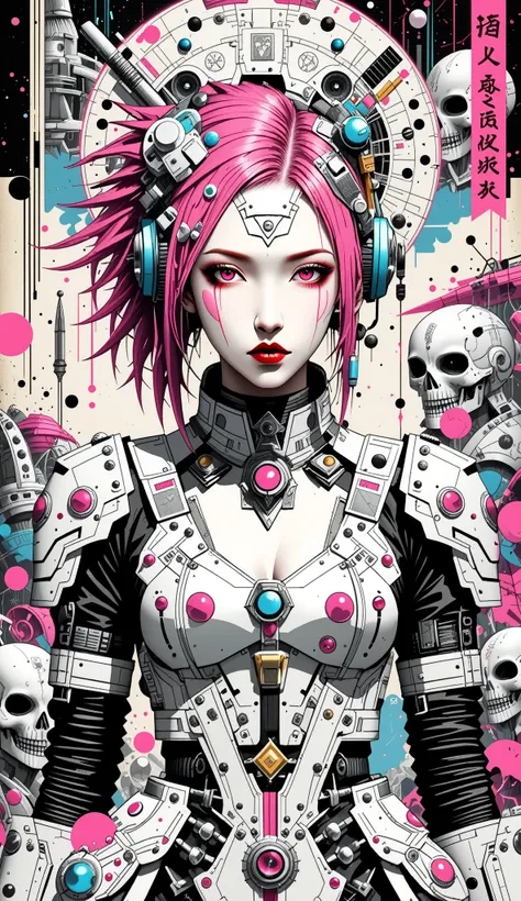 ((best quality)), ((masterpiece)), (detailed), perfect face of cyberpunk mecha japanese girl, neon pink body, neon pink hair, neon pink eyes, neon pink color palette, surreal, art nouveau, in the illustrative style of moebius, spaceships, aliens, fantasy, ...