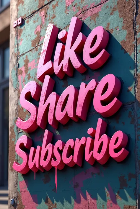 the like share subscribe for youtube icons, in 3d pink graffiti style handwritting on urban street city wall.,