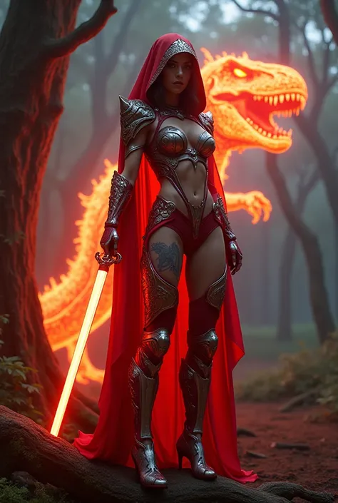 - Photorealistic with perfect details, cinematic mode, masterpiece, HD, CGI sexy style.

- Beautiful "American" woman, Red eyes, expressive.
- Wearing a costume ("sexy armor-full armor"), futuristic costume (Chest and Thighs open).
Wearing a head covering ...