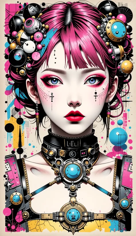 ((best quality)), ((masterpiece)), (detailed), perfect face of cyberpunk mecha japanese girl, neon pink body, neon pink hair, neon pink eyes, neon pink color palette, surreal, art nouveau, in the illustrative style of moebius, spaceships, aliens, fantasy, ...