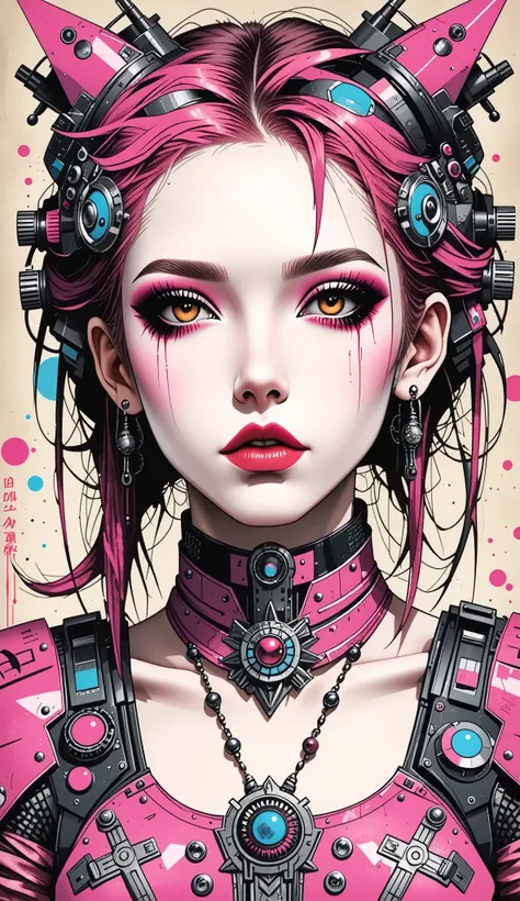 ((best quality)), ((masterpiece)), (detailed), perfect face of cyberpunk mecha japanese girl, neon pink body, neon pink hair, neon pink eyes, neon pink color palette, surreal, art nouveau, in the illustrative style of moebius, spaceships, aliens, fantasy, ...