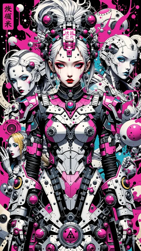 ((best quality)), ((masterpiece)), (detailed), perfect face of cyberpunk mecha japanese girl, neon pink body, neon pink hair, neon pink eyes, neon pink color palette, surreal, art nouveau, in the illustrative style of moebius, spaceships, aliens, fantasy, ...