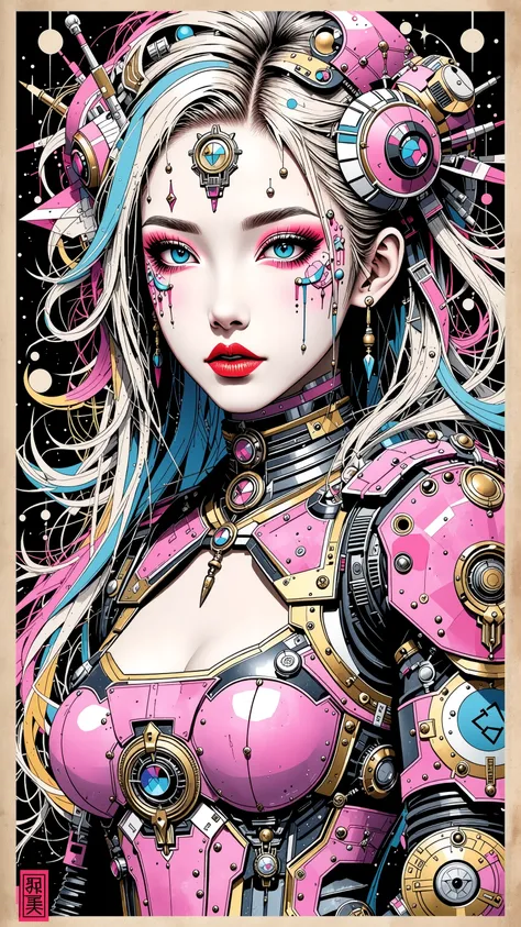 ((best quality)), ((masterpiece)), (detailed), perfect face of cyberpunk mecha japanese girl, neon pink body, neon pink hair, neon pink eyes, neon pink color palette, surreal, art nouveau, in the illustrative style of moebius, spaceships, aliens, fantasy, ...