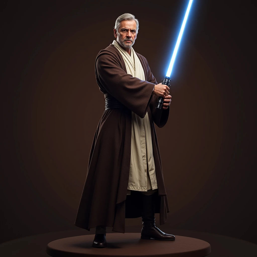 Recreate a "Common Gallia" from star wars. ((realista 4k)) What do you wear Jedi robes. Holding a blue lightsaber in his hand . This stop in an offensive way, throwing a thrust..  With a dark brown background.