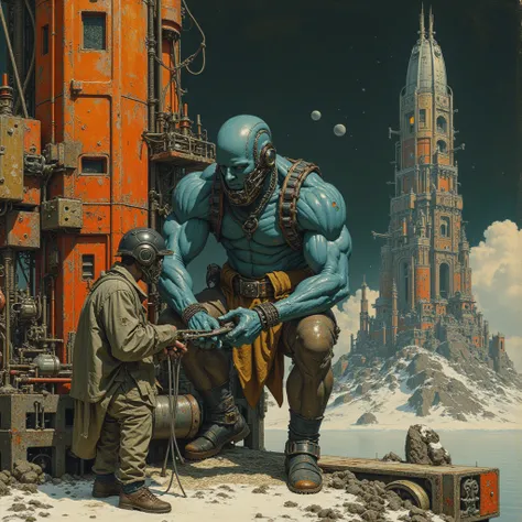 Fixing machinery, engineers, urban, high tech, futuristic, harbour of spaceships, blue musculous male humanoid with mechanical body parts helping a regular human, Retro photo album cover, half veil female figure aside, augmented beyond the regular humans t...