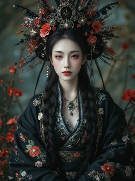 oriental woman, witch, chaotic, Gray skin and magic all over the body in mystic  traditional japan