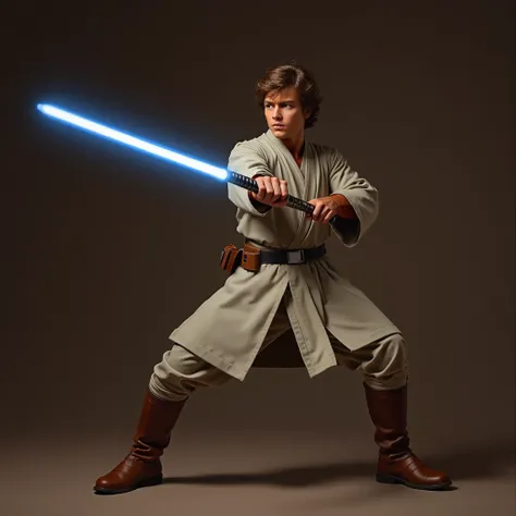  20-year-old man . cinnamon-skinned. ((realistic))  short brown hair. Brown-eyed . He wears gray Jedi tunics .  Wear brown boots .  Wears a brown belt. Holds a blue lightsaber.  He is standing offensively throwing a lunge. With dark brown background .