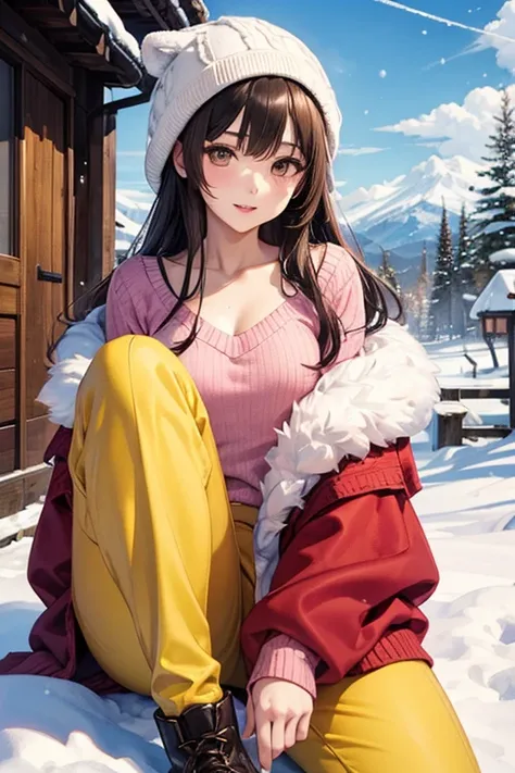  intense watercolor、 young Japanese woman 、Brown-black long hair 、 v-neck red sweater 、yellow winter clothes 、 white woolen hat、blue narrow pants 、 black boots、 beautiful faces 、 brown eyes、 pink lips、 Face Details 、Above the knee shot、Hokkaido's Snowy Sce...