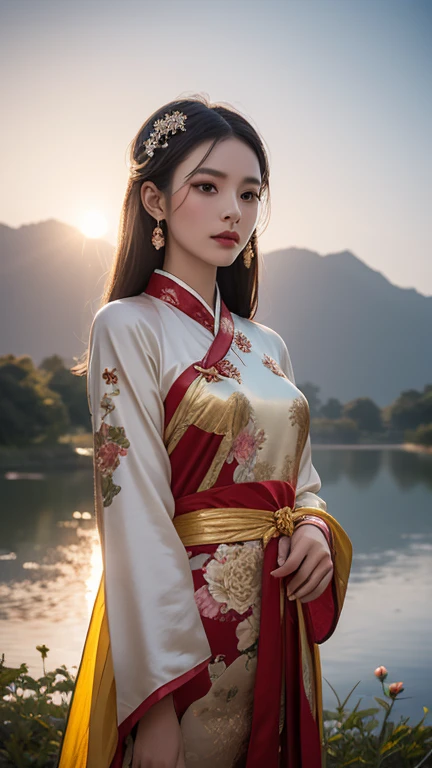 A stunning Chinese fairy goddess in a luxurious red Hanfu with golden threadwork, 
Her intricate hairstyle sparkles with delicate jeweled accessories. She stands gracefully on  pink lotus flower in full bloom floating in the celestial skies. 
hand holding ...