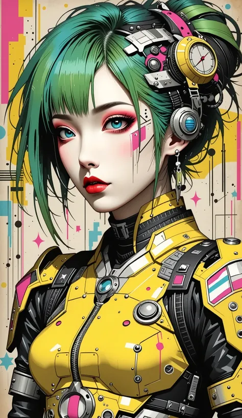 ((best quality)), ((masterpiece)), (detailed), perfect face of cyberpunk mecha japanese girl, neon pink eyes, neon green body, neon green hair, ((monochromatic neon pink, yellow, and green color palette)), surreal, art nouveau, in the illustrative style of...