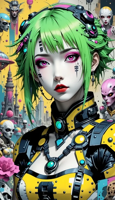 ((best quality)), ((masterpiece)), (detailed), perfect face of cyberpunk mecha japanese girl, neon pink eyes, neon green body, neon green hair, ((monochromatic neon pink, yellow, and green color palette)), surreal, art nouveau, in the illustrative style of...