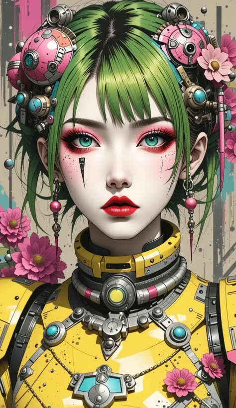 ((best quality)), ((masterpiece)), (detailed), perfect face of cyberpunk mecha japanese girl, neon pink eyes, neon green body, neon green hair, ((monochromatic neon pink, yellow, and green color palette)), surreal, art nouveau, in the illustrative style of...