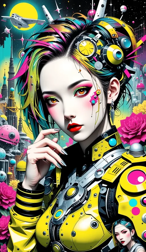 ((best quality)), ((masterpiece)), (detailed), perfect face of cyberpunk mecha japanese girl, neon pink eyes, neon green body, neon green hair, ((monochromatic neon pink, yellow, and green color palette)), surreal, art nouveau, in the illustrative style of...