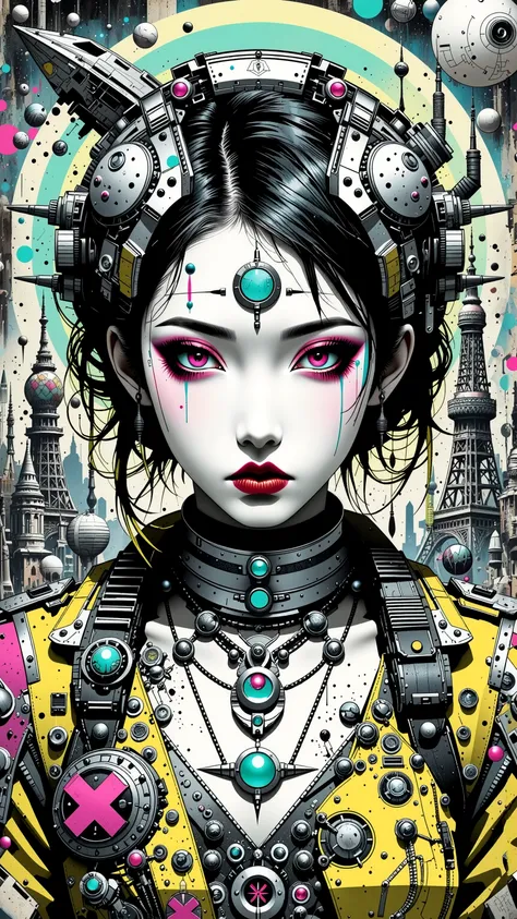 ((best quality)), ((masterpiece)), (detailed), perfect face of cyberpunk mecha japanese girl, neon pink eyes, neon green body, neon green hair, ((monochromatic neon pink, yellow, and green color palette)), surreal, art nouveau, in the illustrative style of...