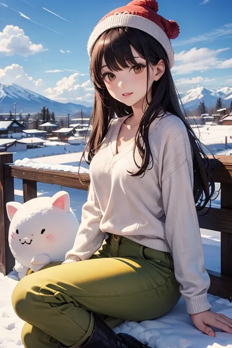  intense watercolor、 young Japanese woman 、Brown-black long hair 、 v-neck red sweater 、yellow winter clothes 、 white woolen hat、blue narrow pants 、 black boots、 beautiful faces 、 brown eyes、 pink lips、 Face Details 、Above the knee shot、Hokkaido's Snowy Sce...