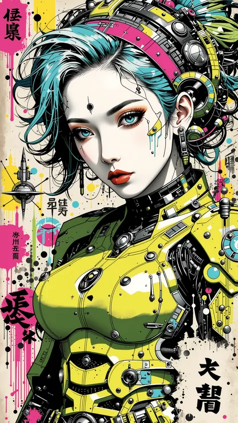 ((best quality)), ((masterpiece)), (detailed), perfect face of cyberpunk mecha japanese girl, neon pink eyes, neon green body, neon green hair, ((monochromatic neon pink, yellow, and green color palette)), surreal, art nouveau, in the illustrative style of...