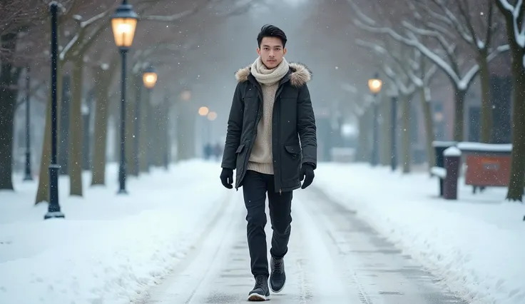  A snowy park road, a handsome Asian man, 30 years old ,  short dark hair ,, is wearing down boots, padding, light cream colored heating, and black suit pants and shoes.A man is walking alone .,(Full body shot )