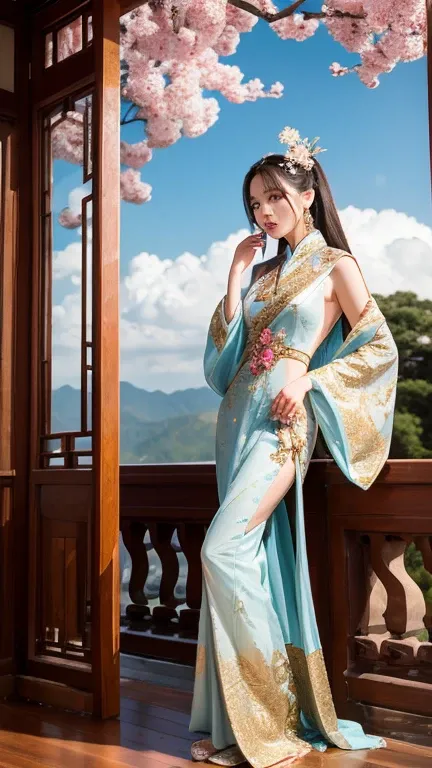 A stunning Chinese fairy goddess in a luxurious red Hanfu with golden threadwork, 
Her intricate hairstyle sparkles with delicate jeweled accessories. She stands gracefully on  pink lotus flower in full bloom floating in the celestial skies. 
hand holding ...