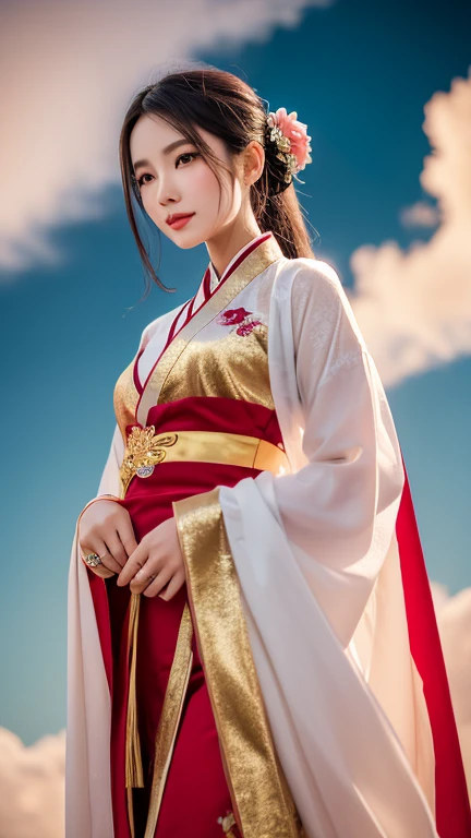 A stunning Chinese fairy goddess in a luxurious red Hanfu with golden threadwork, 
Her intricate hairstyle sparkles with delicate jeweled accessories. She stands gracefully on  pink lotus flower in full bloom floating in the celestial skies. 
hand holding ...