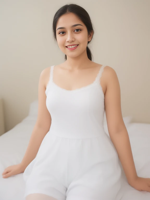 Sri lanka   girl, wearing white clothes and white short , (slim, small, flat, small), photorealistic, detail, skin texture, super detail, delicate and sexy collarbone, smile