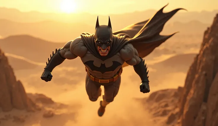 Shouting Flying Batman in desert