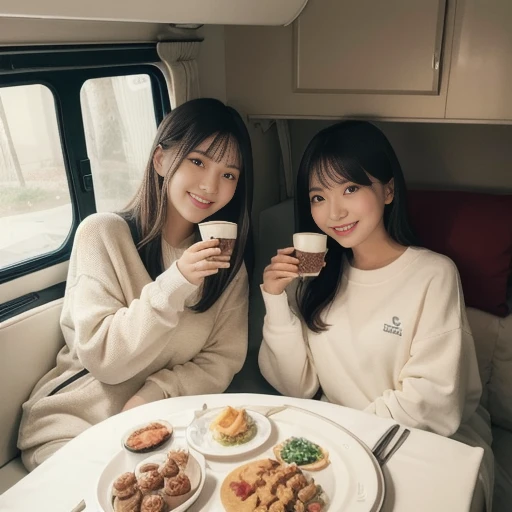 Two women in cream-colored sweatsuits lie on the sofa bed inside a luxurious camper van. Delicious looking food is laid out on the table, and the soft incandescent lighting creates a cozy atmosphere. The camera captures the women from head to knee, emphasi...