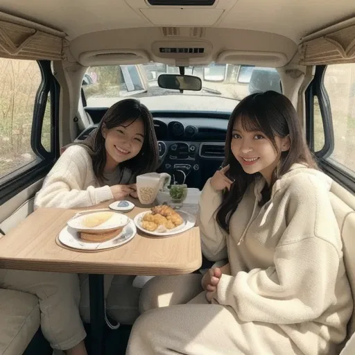 Two women in cream-colored sweatsuits lie on the sofa bed inside a luxurious camper van. Delicious looking food is laid out on the table, and the soft incandescent lighting creates a cozy atmosphere. The camera captures the women from head to knee, emphasi...