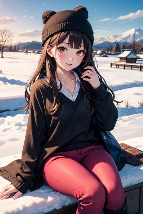  intense watercolor、 young Japanese woman 、Brown-black long hair 、 v-neck red sweater 、yellow winter clothes 、 white woolen hat、blue narrow pants 、 black boots、 beautiful faces 、 brown eyes、 pink lips、 Face Details 、Above the knee shot、Hokkaido's Snowy Sce...