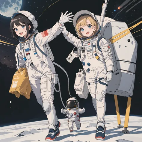 masterpiece, best quality, super detailed, solo, cute chibi astronaut girl, wearing spacesuits and space helmet and gloves, ((walking on the moon)), happy smile, open mouth, planets