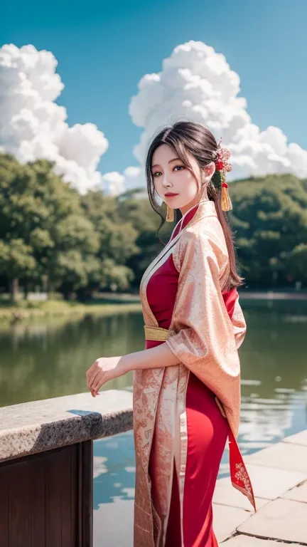 A stunning Chinese fairy goddess in a luxurious red Hanfu with golden threadwork, 
Her intricate hairstyle sparkles with delicate jeweled accessories. She stands gracefully on  pink lotus flower in full bloom floating in the celestial skies. 
hand holding ...