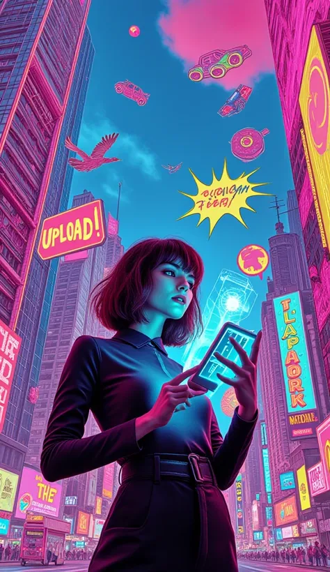 Popartcartoon, detail arts, woman, colorful styles, pop-doodleholographic tablet with cartoon icons floating above it.
The background is a cyberpunk pop-art cityscape, filled with towering illustrated skyscrapers covered in glowing doodle-style billboards....