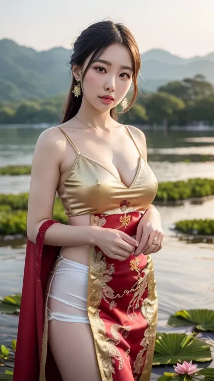 A stunning Chinese fairy goddess in a luxurious red Hanfu with golden threadwork, 
Her intricate hairstyle sparkles with delicate jeweled accessories. She stands gracefully on  pink lotus flower in full bloom floating in the celestial skies. 
hand holding ...