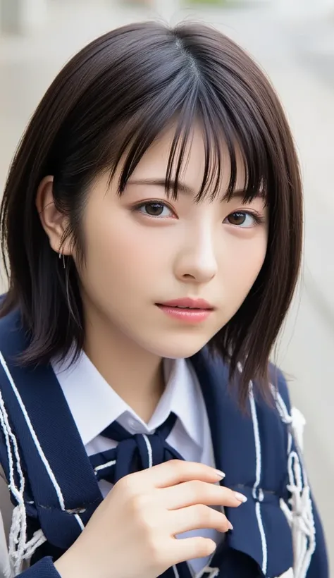 Professional photo of a white-skinned Japanese high school girl wearing a traditional long-sleeved sailor suit and dark blue skirt with white accents.  she is sitting on a wet pavement ,  with her legs slightly open ,  Wearing .  composition emphasizes the...