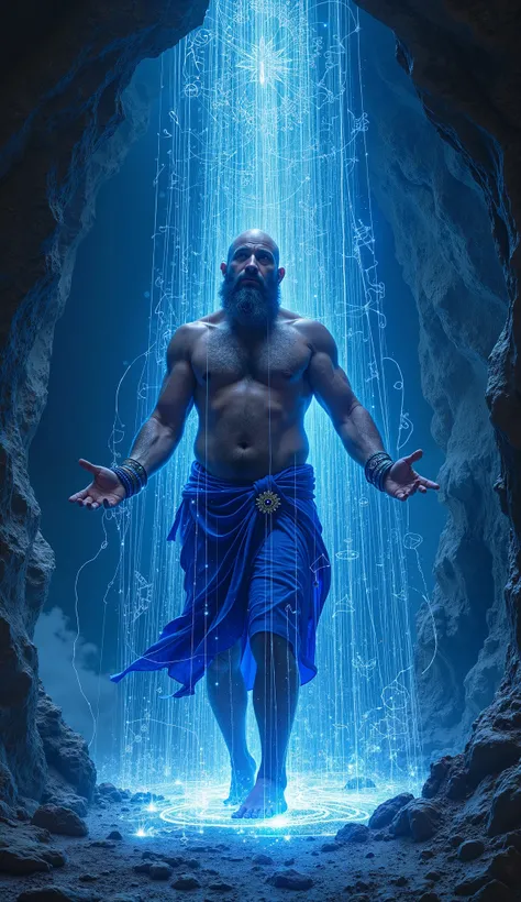  a mystical image that represents the sapphire sorcerer weaving with his own hands the fine silver threads of destiny in the sacred sapphire cave,  dancing in the center of the cave ,  surrounded by shiny threads and symbols traced with the threads with hi...