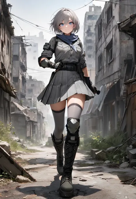 score_9, score_8_up, score_7_up,masterpiece,perfect face,best quality,expressive eyes, ultra detailed,full body shot,solo,(1 girl), solo, (gray hair), blue eyes, gray face skin, very short hair, gently smile, (scarf on neck),(gray camouflage pattern  blous...