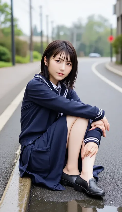 Professional photo of a white-skinned Japanese high school girl wearing a traditional long-sleeved sailor suit and dark blue skirt with white accents.  she is sitting on a wet pavement ,  with her legs slightly open ,  Wearing .  composition emphasizes the...