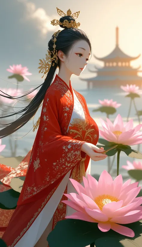 A stunning Chinese fairy goddess in a luxurious red Hanfu with golden threadwork, 
Her intricate hairstyle sparkles with delicate jeweled accessories. She stands gracefully on  pink lotus flower in full bloom floating in the celestial skies. 
hand holding ...