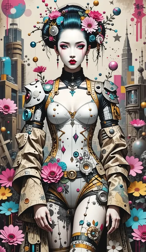 collage painting, robot geisha, big breasts, cleavage, big eyes, ulzzang, wires, buttons, circuits, vines, twigs, nature, science, dramatic, sexy, romanticism, cyberpunk, neo-classical, experimentalism, baroque, impressionism, expressionism, unexplained be...