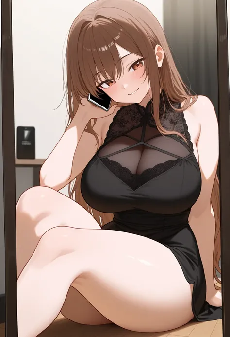  Beautiful Girl,  long brown hair ,  sitting on the floor ,  Sleeveless short black dress,  large neckline , , separated breasts , tacones negros, hand resting on the ground, mirror photo with phone ,  flexed knees,  medium large breasts ,  big thighs, pos...