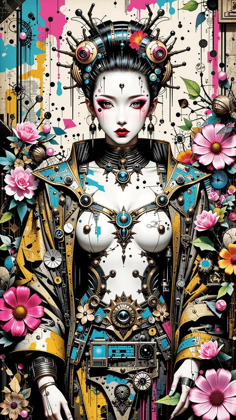 collage painting, robot geisha, big breasts, cleavage, big eyes, ulzzang, wires, buttons, circuits, vines, twigs, nature, science, dramatic, sexy, romanticism, cyberpunk, neo-classical, experimentalism, baroque, impressionism, expressionism, unexplained be...