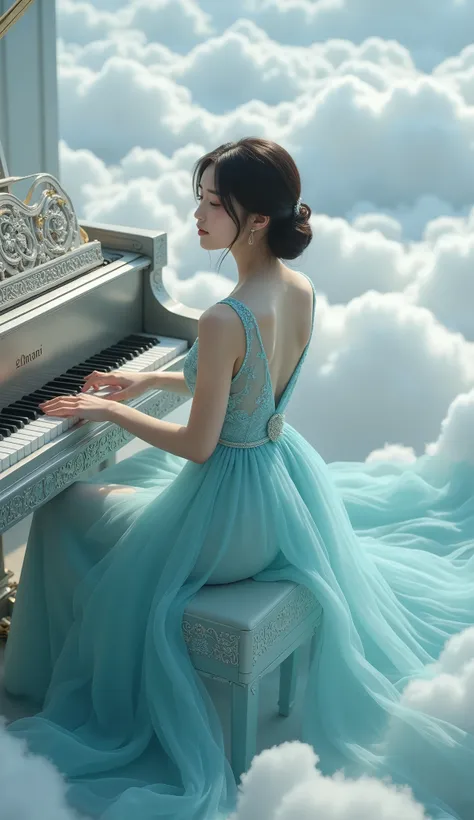 In a sea of clouds , A 20-25 year old haired Asian female star,Play the piano in the face of the piano, sweet smile ，Eyes that are charming,AQUA BLUE TRANSLUCENT LITTLE DRESS,slit skirt，Big . cleavage is obvious, A luxurious platform piano , art style ，Epi...