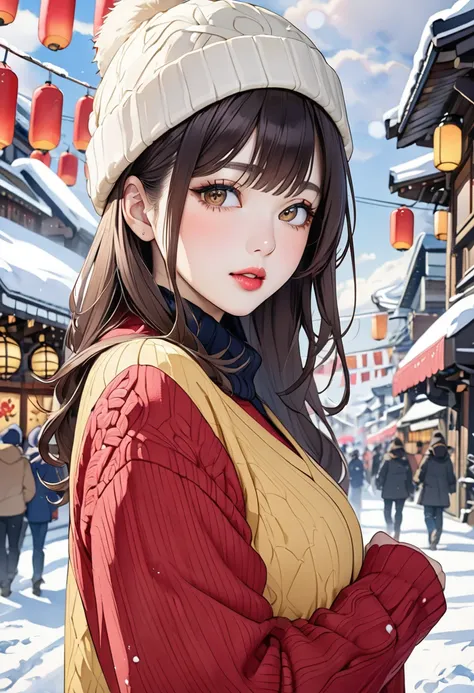  intense watercolor、 young Japanese woman 、Brown-black long hair 、 v-neck red sweater 、yellow winter clothes 、 white woolen hat、blue narrow pants 、 black boots、 beautiful faces 、 brown eyes、 pink lips、 Face Details 、Above the knee shot、Hokkaido's Snowy Sce...