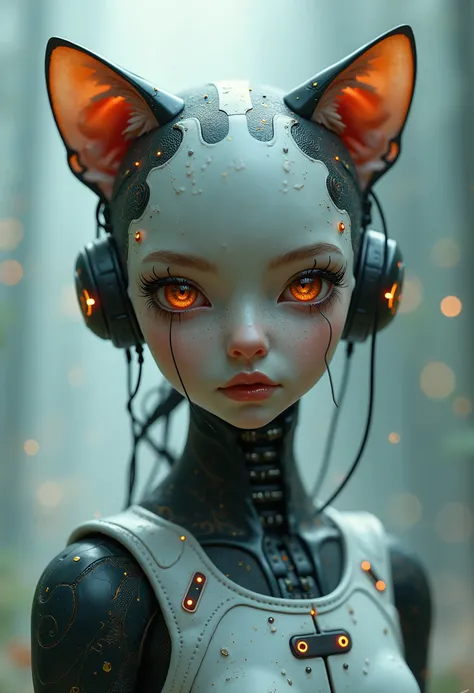 [cat : girl : 7], chest, porcelain face, cyborg, robotic parts, 150 mm, beautiful studio soft light, rim light, vibrant details, cyberpunk, hyperrealistic, anatomical, facial muscles, cable electric wires, microchip, H. R. Giger style, extremely detailed  ...