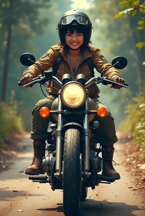 A beautiful Japanese beauty with a bright smile  short, Dirty black hair,   cargo pants with flight jacket  , Durable boots,  helmet,   gloves front turn signal blocks tires , Vintage Goggles,   riding a heavy duty motorcycle with tools behind  , front bli...