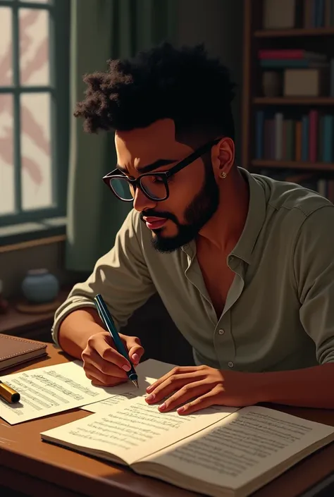 Young dark-skinned artist and composer with glasses and beard writing a song 