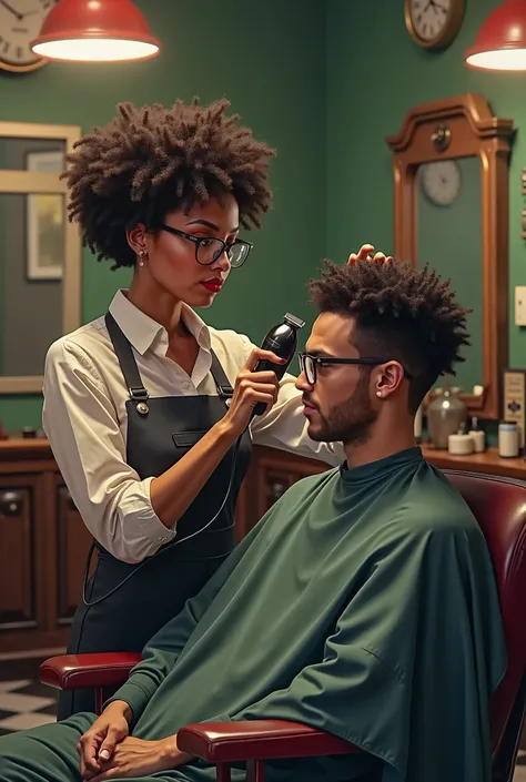  A white woman with short curly hair wearing prescription glasses, being a shaver , cutting a 's hair at the barbershop  