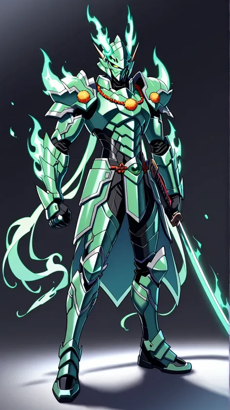 score_9, score_8_up, score_7_up, source_anime, rating_safe, , (realistic: 0.6), front visor, , 1 man, alone, male focus, issei_Hyoudou, powered up equipment, samurai-type armor, green armor, orange gems, golden details, full armor, slender body, long body,...