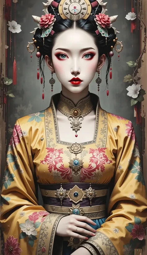  cute  girl ,  Qing dynasty official uniform ,FEMININE GOTHIC AESTHETICS  , Close up details, Detail shot,  clear details,  ARTY LOVE BLOW STYLE , Silkscreen Art,  close-up pictures , EXTRA FINE INK DETAILS ,  SILKSCREEN PRINT ,  very detailed,vulgar ,Chin...