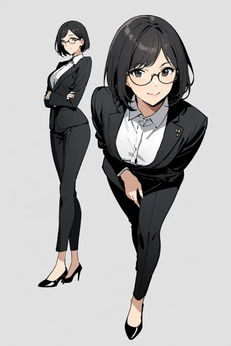 High quality, masterpiece, no background, white background,clean and sharp details, full body,

A woman in her late 40s. Intelligent, focused, reliable, oval shaped sharp black eyes, elegant black rimmed glasses, 

bob black hair, neatly styled, front feat...