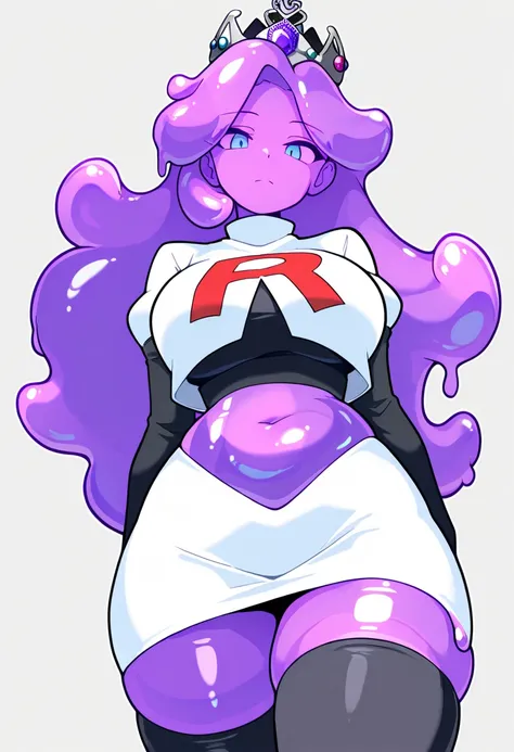 masterpiece, best quality, 1girl, solo, looking at viewer, queenslime, long hair, crown, colored skin, slime girl, large breasts, curvy, purple hair, team rocket,team rocket uniform,white skirt,red letter R,crop top,black thigh-highs,black elbow gloves, co...